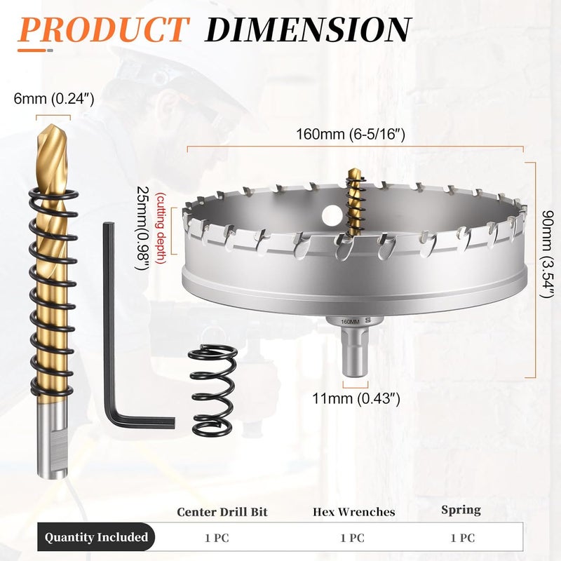 METALLIXITY Hole Saw 160mm (6-1/4"), Heavy Duty Tungsten Carbide with Center Drill Bit Hex Key Spring - Hole Cutters for Thick Stainless Steel Steel Metal Plates. Silver - Image 2